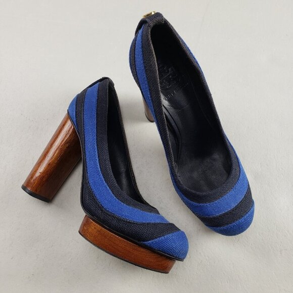 Tory Burch Joelle Wooden Heel Womens 6.5 Blue Fabric Slip On Platform Chunky - Picture 1 of 12